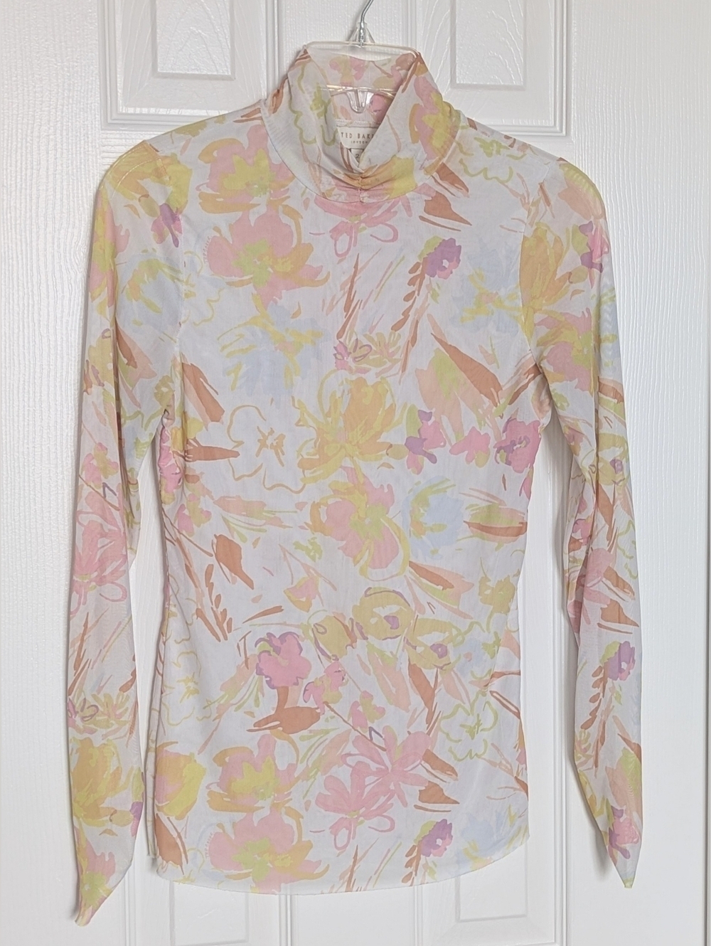 Ted Baker (Size 2) Danuta Dobby Sheer Mesh Pastel Floral Feminine Mockneck Top